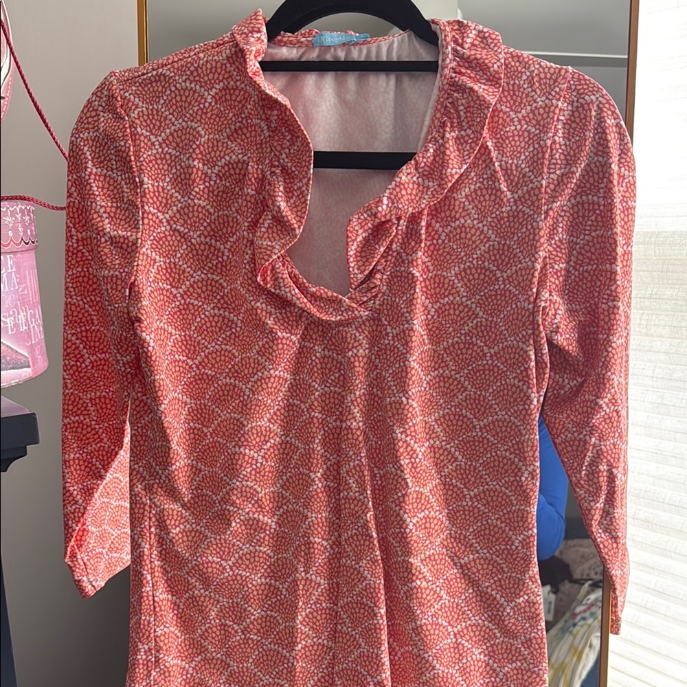 Red Patterned Ruffle Blouse